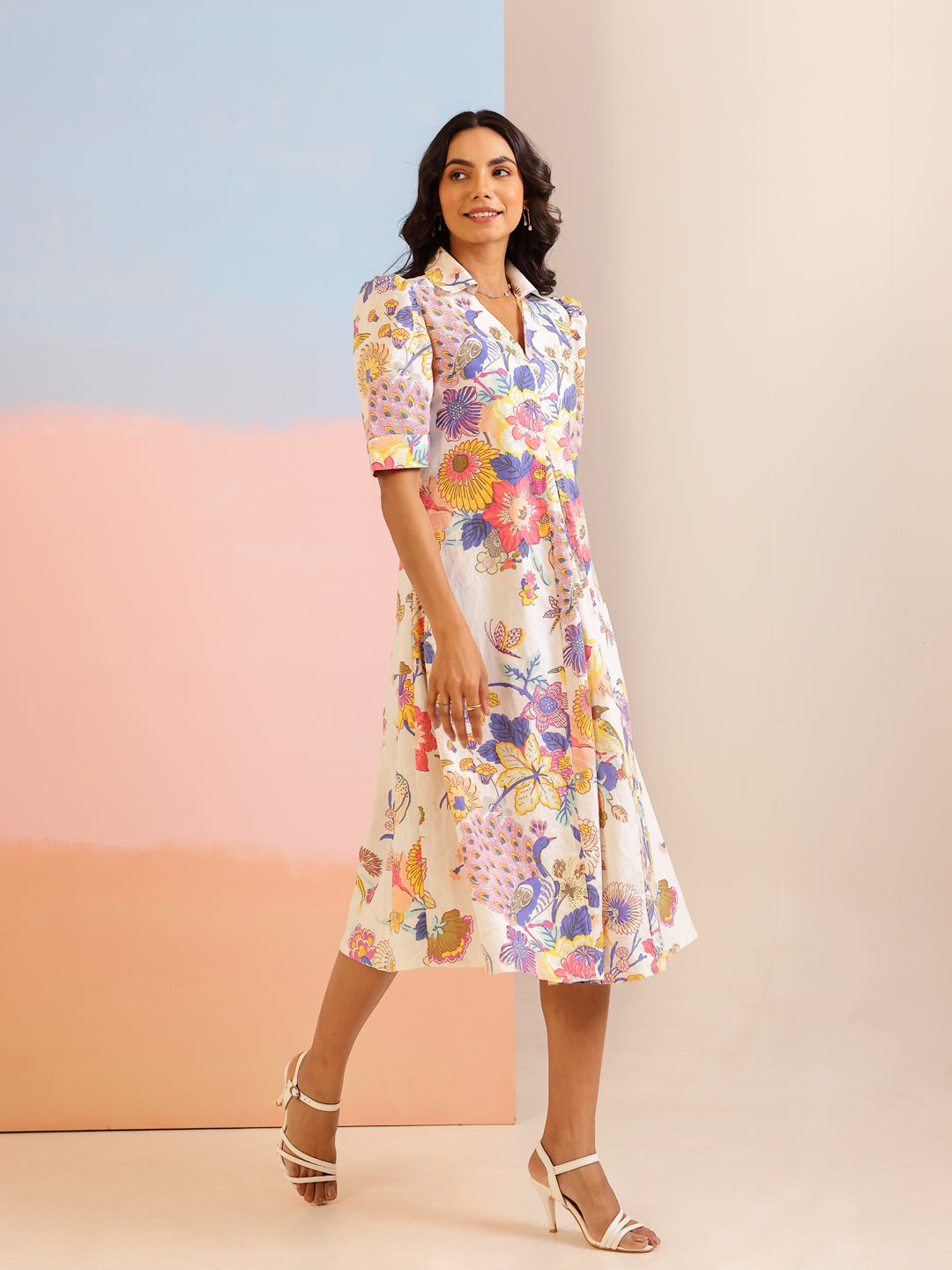 White Color Floral Printed Cotton dress for women - SanskrutiHomes 