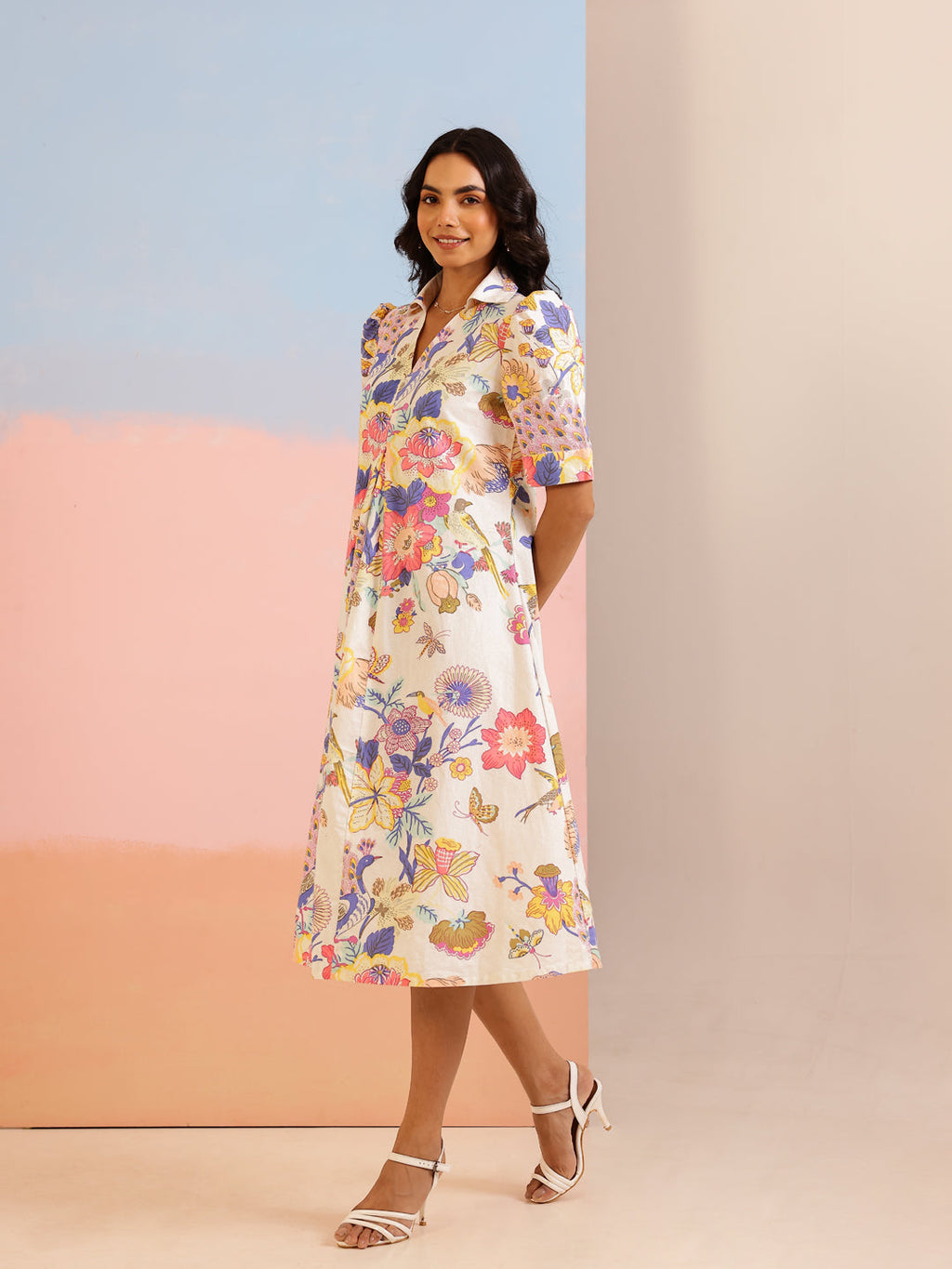 White Color Floral Printed Cotton dress for women - SanskrutiHomes 