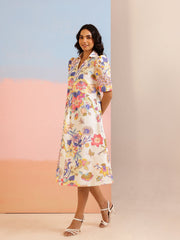 White Color Floral Printed Cotton dress for women - SanskrutiHomes 