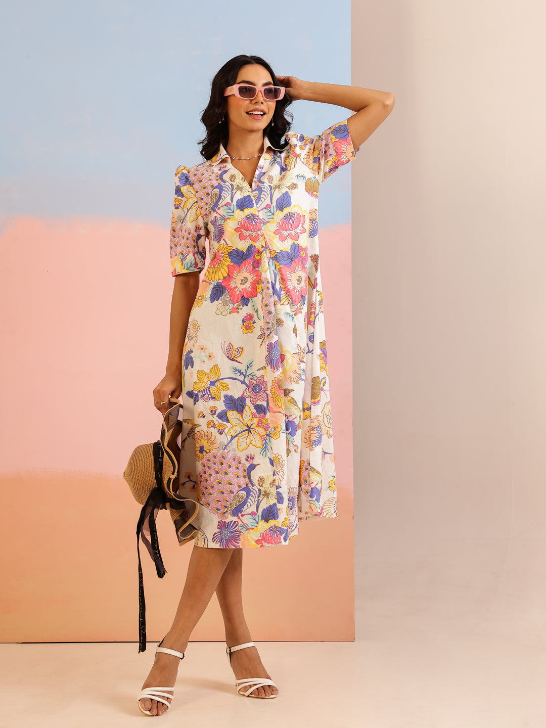 White Color Floral Printed Cotton dress for women - SanskrutiHomes 