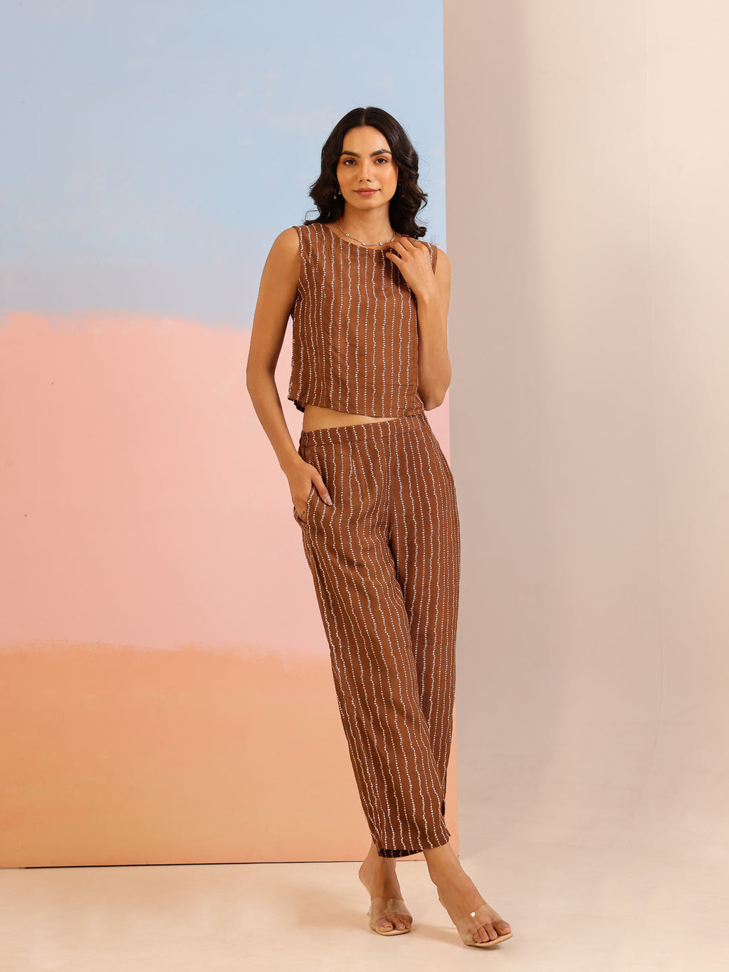 Brown Round Neck Pure Cotton Printed Co-ords Set for Women - SanskrutiHomes 