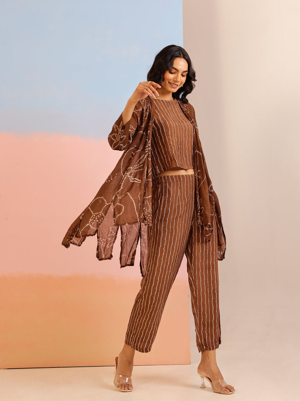 Brown Round Neck Pure Cotton Printed Co-ords Set for Women - SanskrutiHomes 