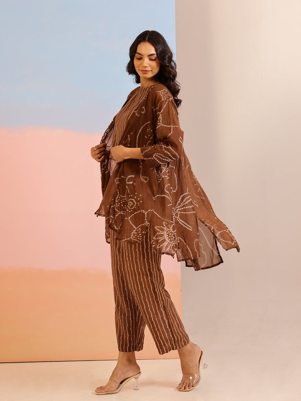 Brown Round Neck Pure Cotton Printed Co-ords Set for Women - SanskrutiHomes 