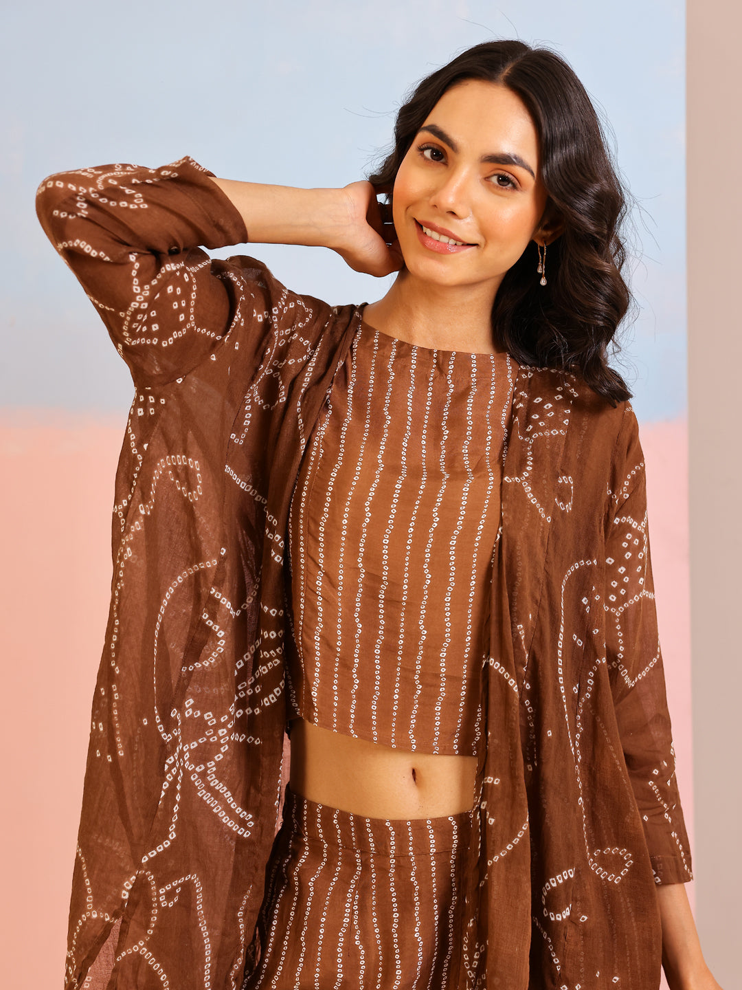 Brown Round Neck Pure Cotton Printed Co-ords Set for Women - SanskrutiHomes 