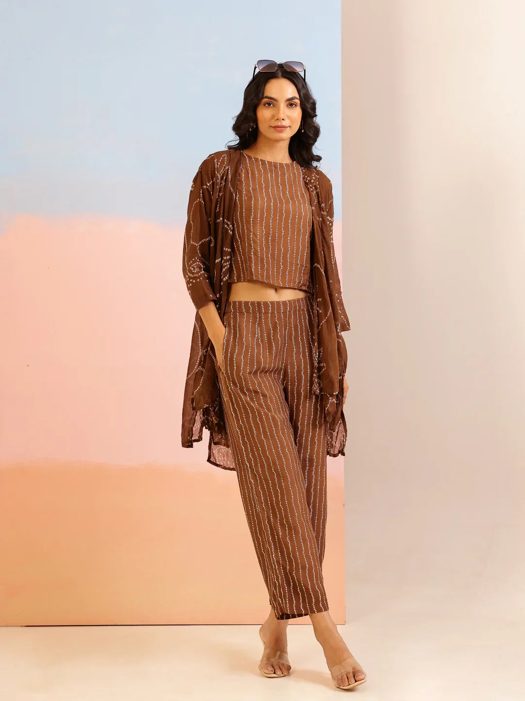 Brown Round Neck Pure Cotton Printed Co-ords Set for Women - SanskrutiHomes 