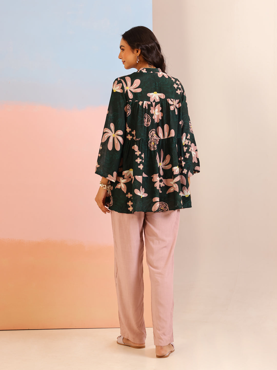 Green Mandarin Collar Silk Blend Printed Co-ords Set for Women - SanskrutiHomes 