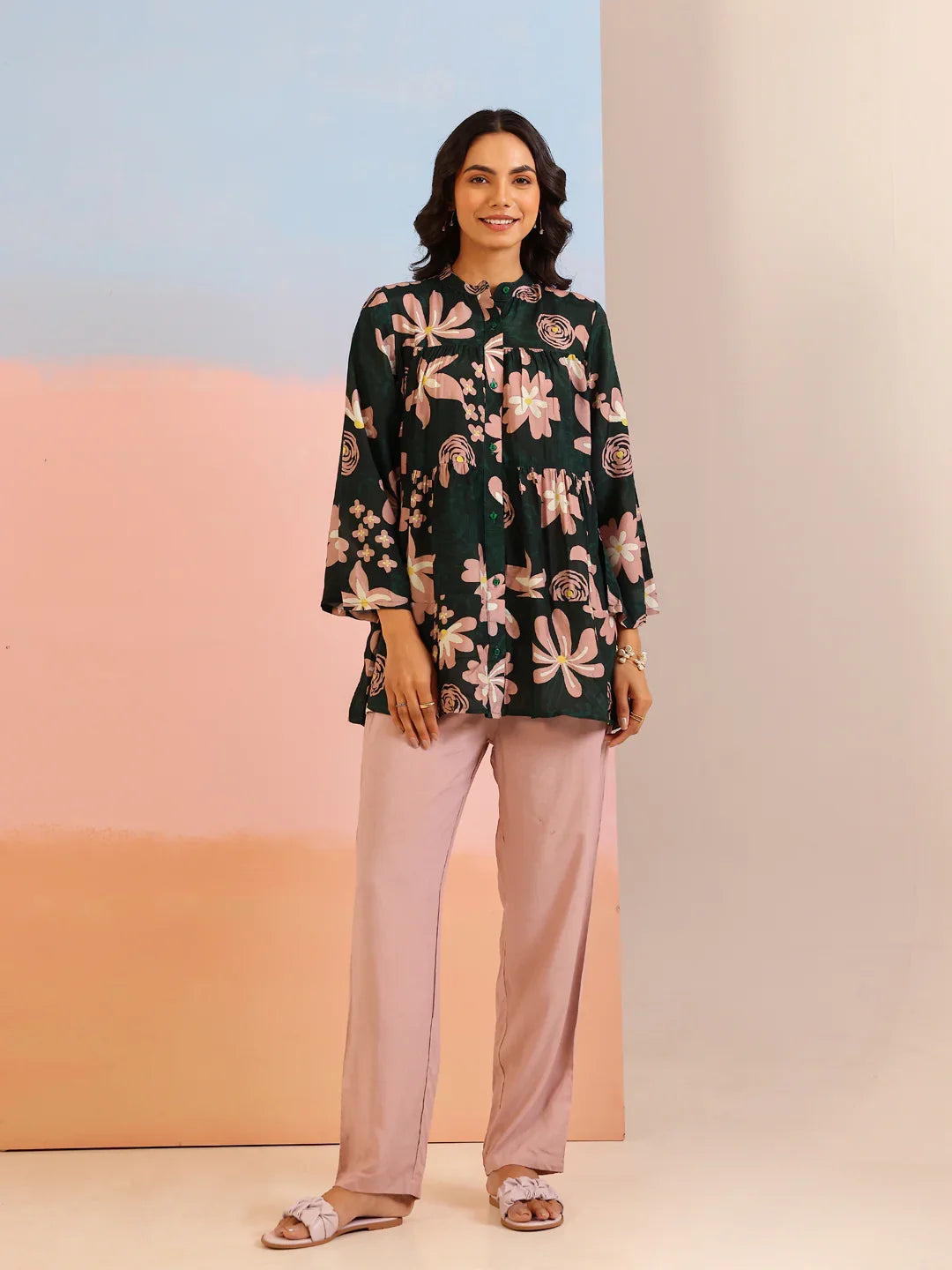 Green Mandarin Collar Silk Blend Printed Co-ords Set for Women - SanskrutiHomes 