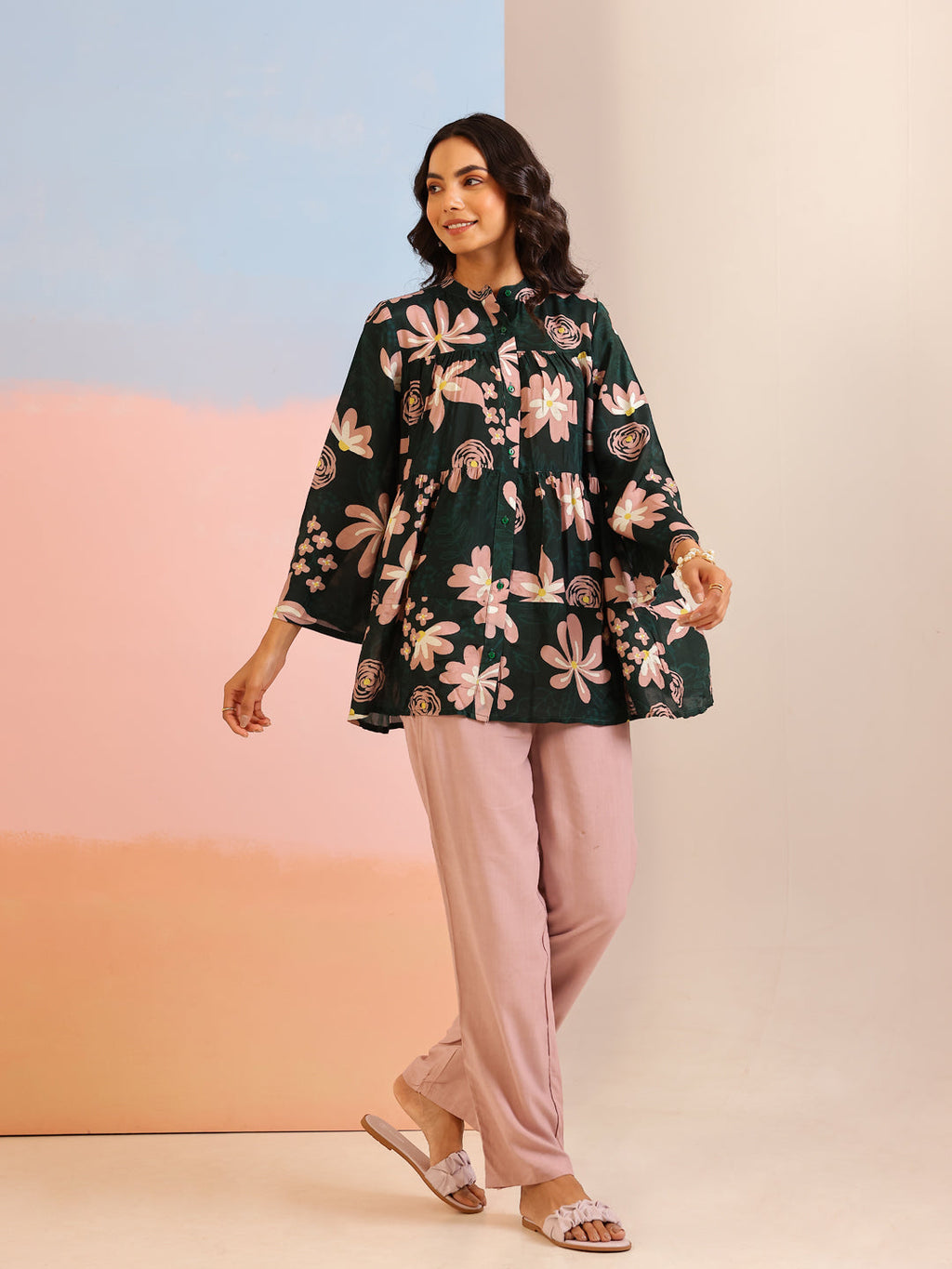 Green Mandarin Collar Silk Blend Printed Co-ords Set for Women - SanskrutiHomes 