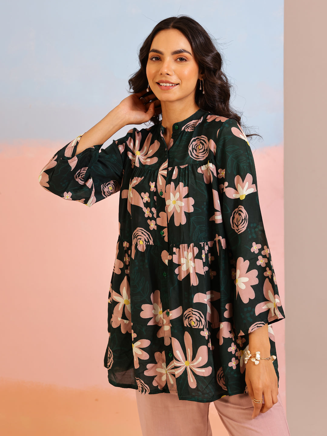 Green Mandarin Collar Silk Blend Printed Co-ords Set for Women - SanskrutiHomes 