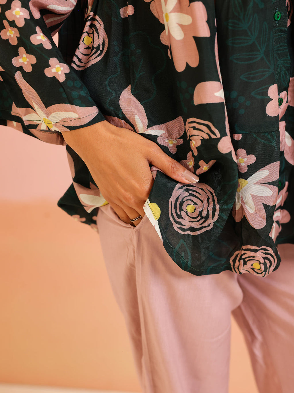 Green Mandarin Collar Silk Blend Printed Co-ords Set for Women - SanskrutiHomes 