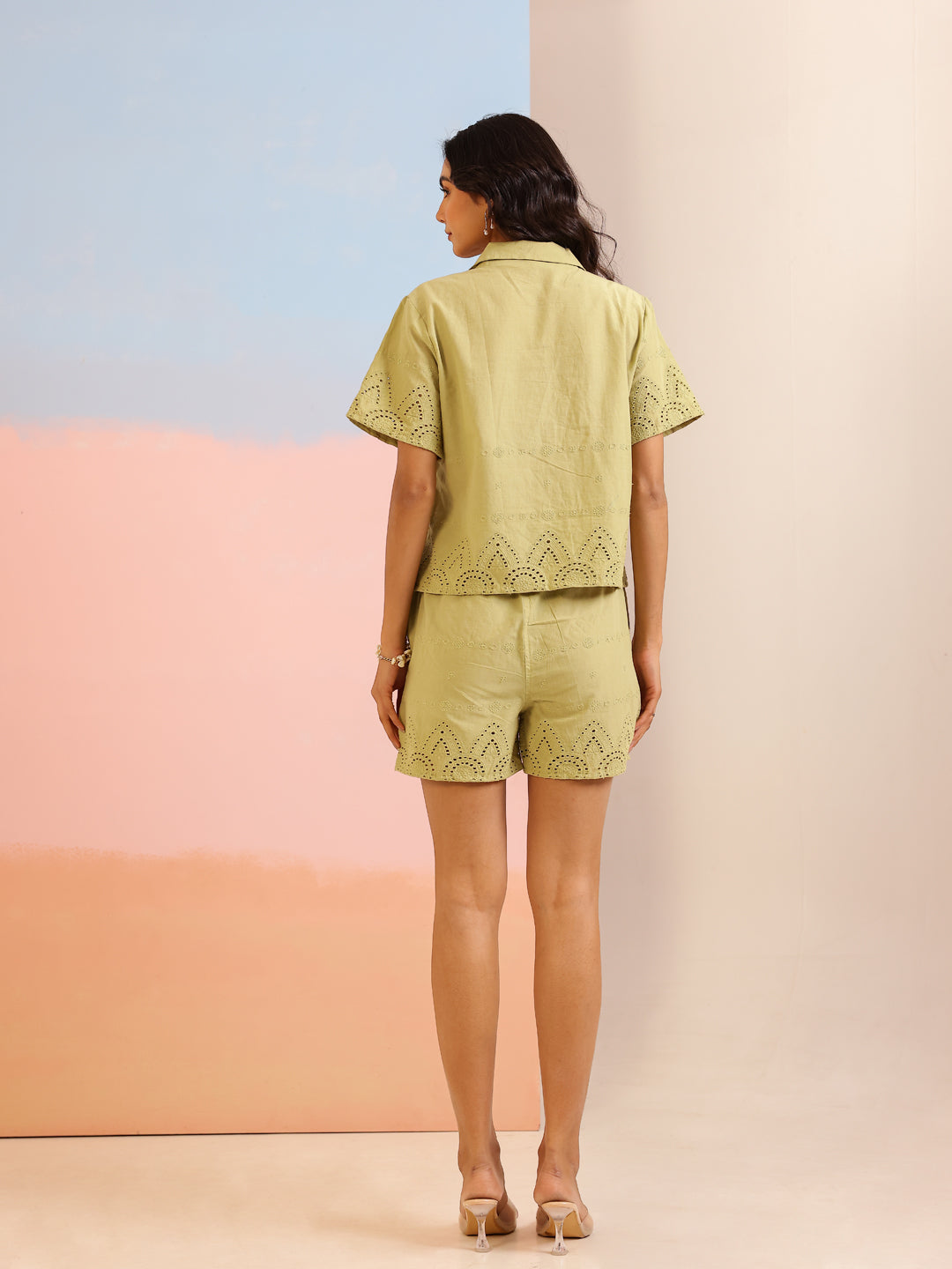 Green Shirt Collar Pure Cotton Embroidered Co-ords Set for Women - SanskrutiHomes 