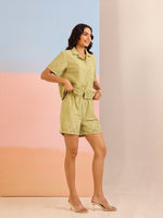 Green Shirt Collar Pure Cotton Embroidered Co-ords Set for Women - SanskrutiHomes 