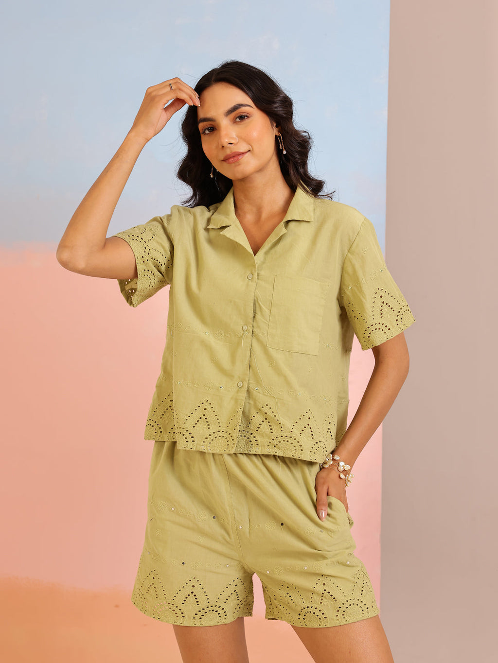 Green Shirt Collar Pure Cotton Embroidered Co-ords Set for Women - SanskrutiHomes 