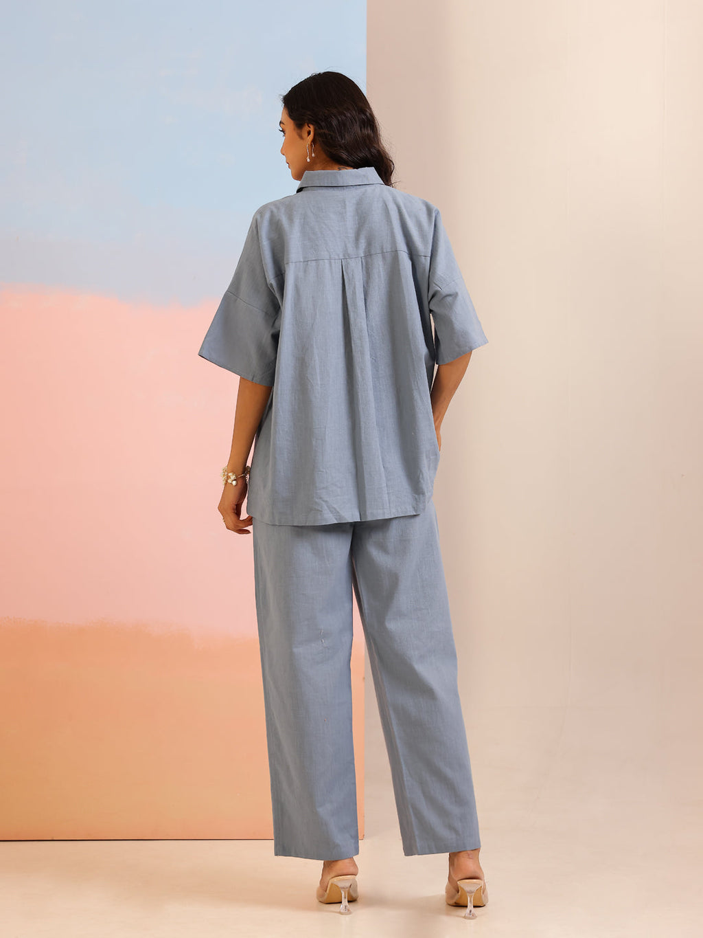 Blue Shirt Collar Pure Cotton Solid Co-ords Set for Women - SanskrutiHomes 