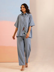 Blue Shirt Collar Pure Cotton Solid Co-ords Set for Women - SanskrutiHomes 