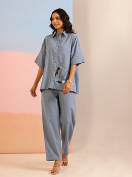 Blue Shirt Collar Pure Cotton Solid Co-ords Set for Women - SanskrutiHomes 