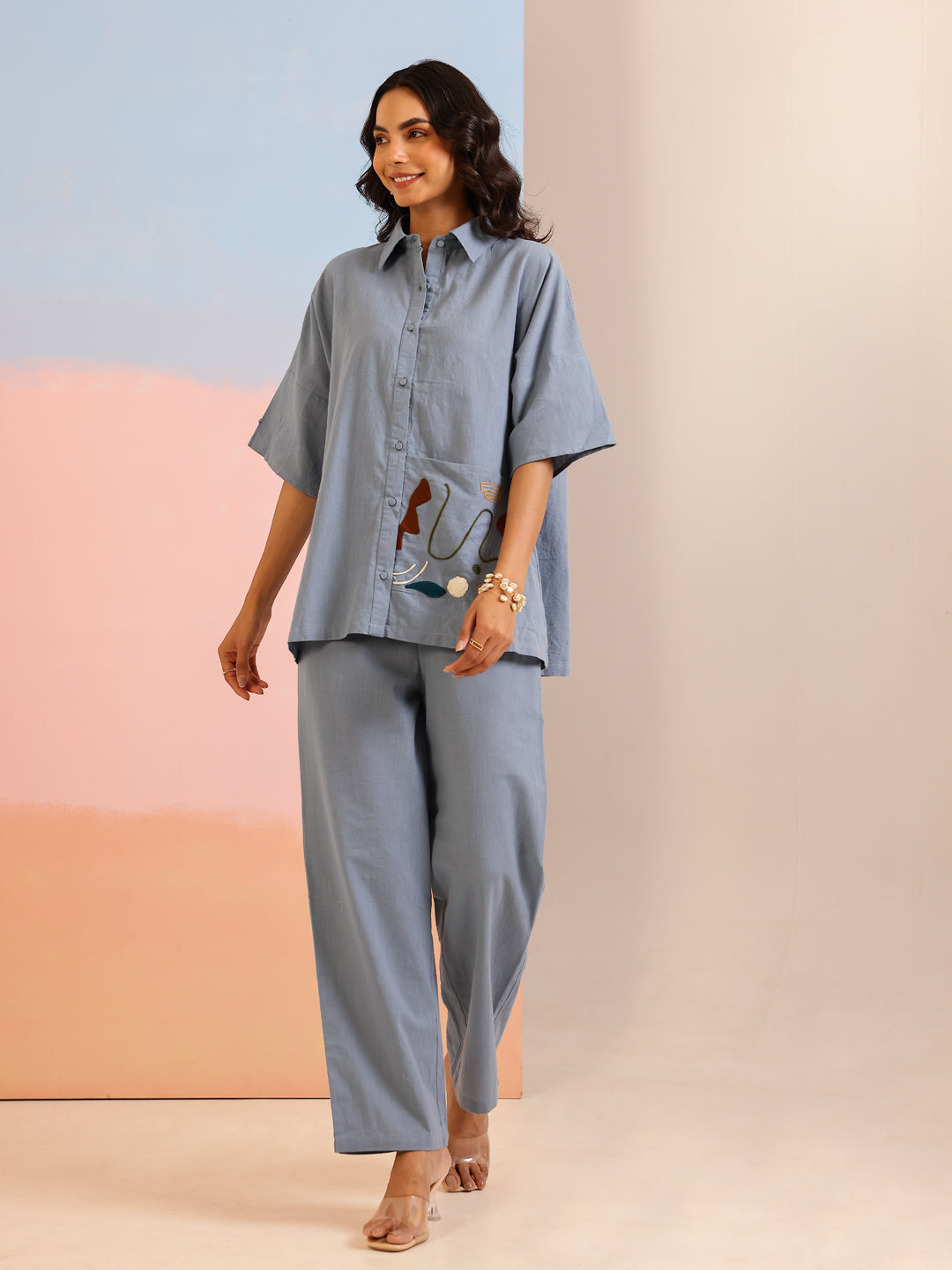 Blue Shirt Collar Pure Cotton Solid Co-ords Set for Women - SanskrutiHomes 