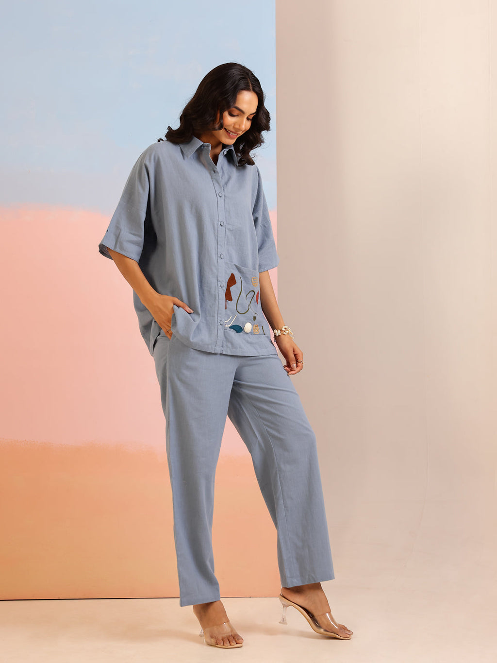 Blue Shirt Collar Pure Cotton Solid Co-ords Set for Women - SanskrutiHomes 