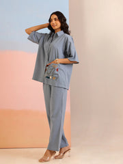 Blue Shirt Collar Pure Cotton Solid Co-ords Set for Women - SanskrutiHomes 
