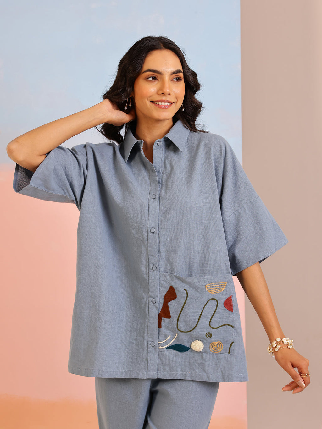 Blue Shirt Collar Pure Cotton Solid Co-ords Set for Women - SanskrutiHomes 