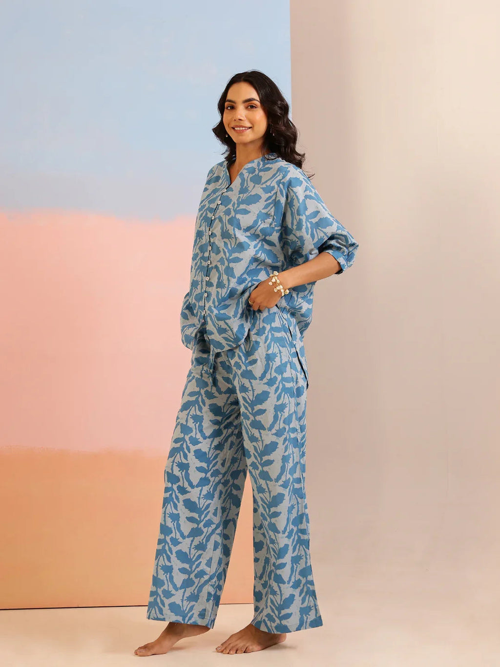 Teal Color Tropical Printed Pure Cotton Night Suit - SanskrutiHomes 