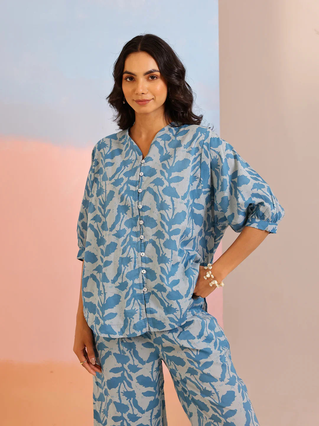 Teal Color Tropical Printed Pure Cotton Night Suit - SanskrutiHomes 