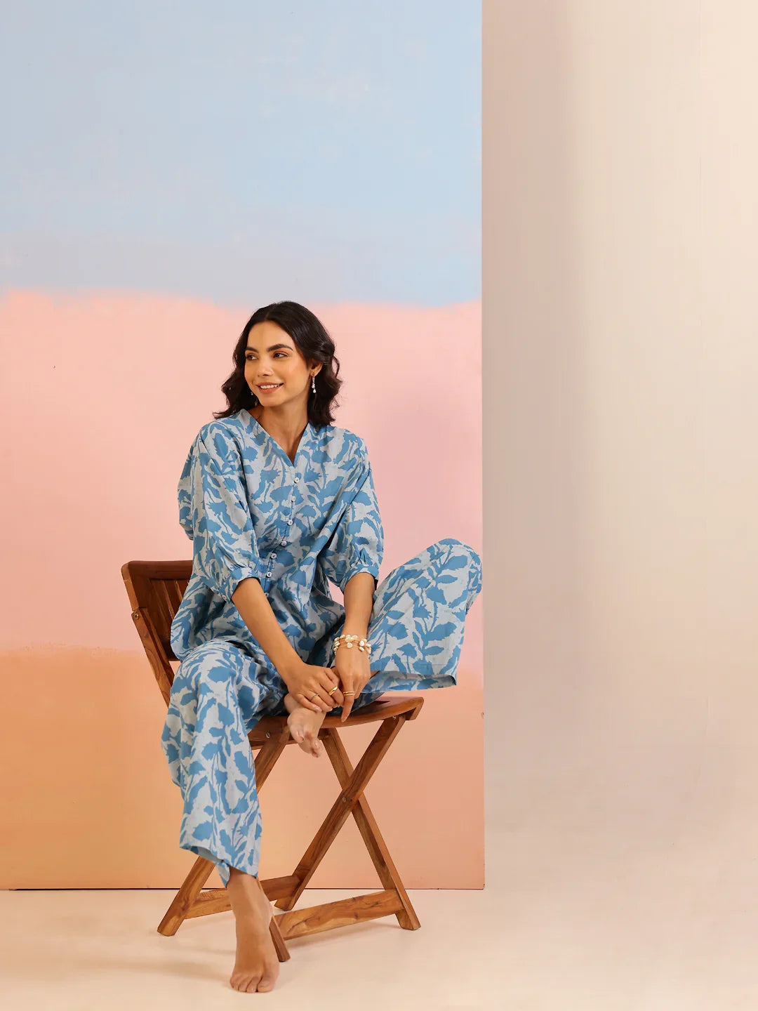 Teal Color Tropical Printed Pure Cotton Night Suit - SanskrutiHomes 