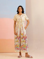 Cream Cotton V-Neck Jump Suit for Women - SanskrutiHomes 