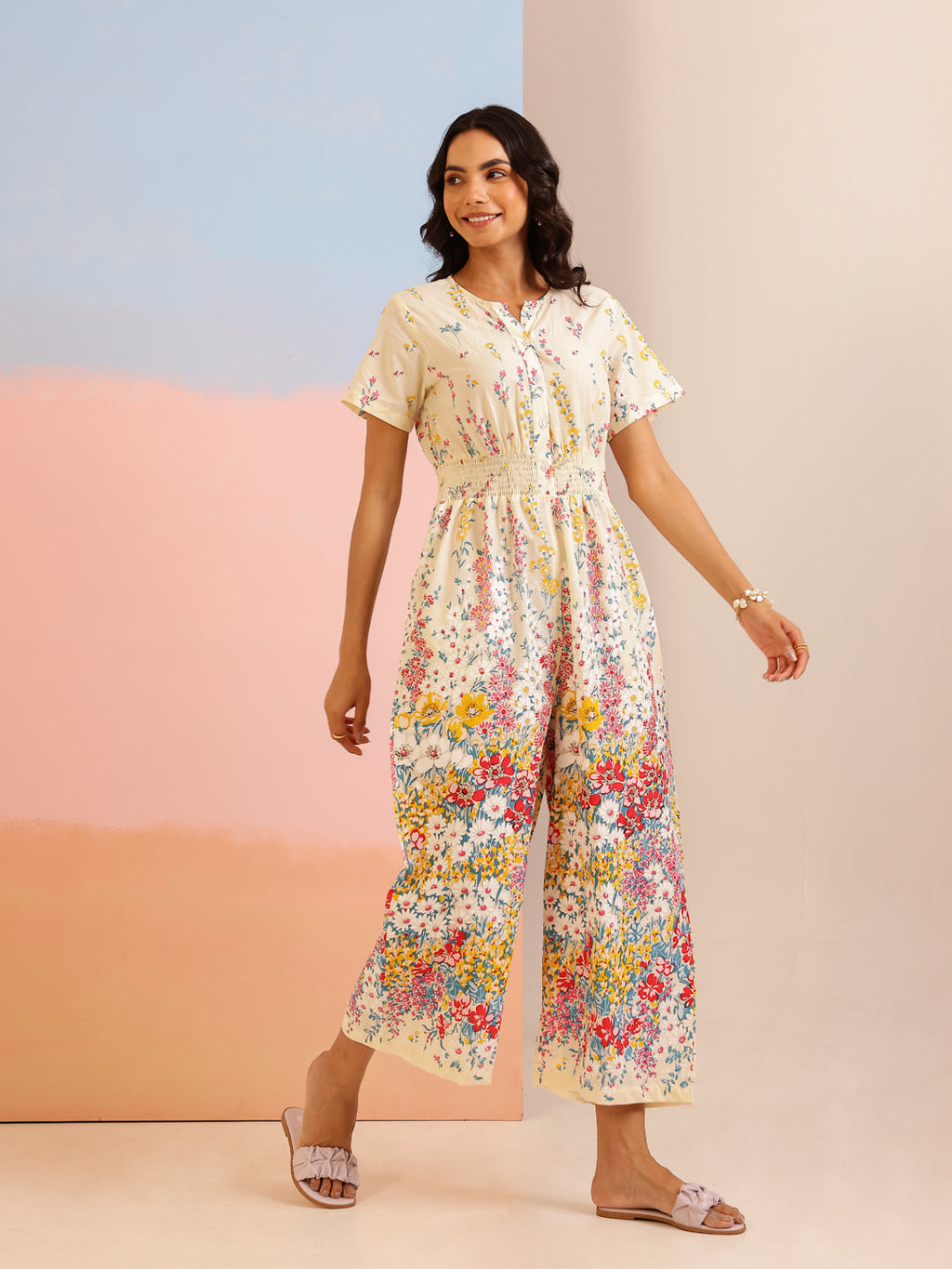 Cream Cotton V-Neck Jump Suit for Women - SanskrutiHomes 