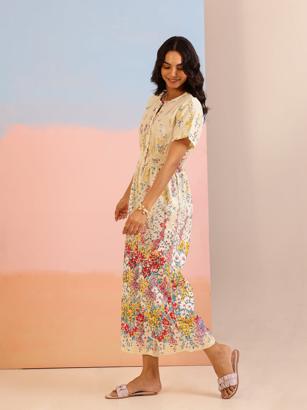 Cream Cotton V-Neck Jump Suit for Women - SanskrutiHomes 