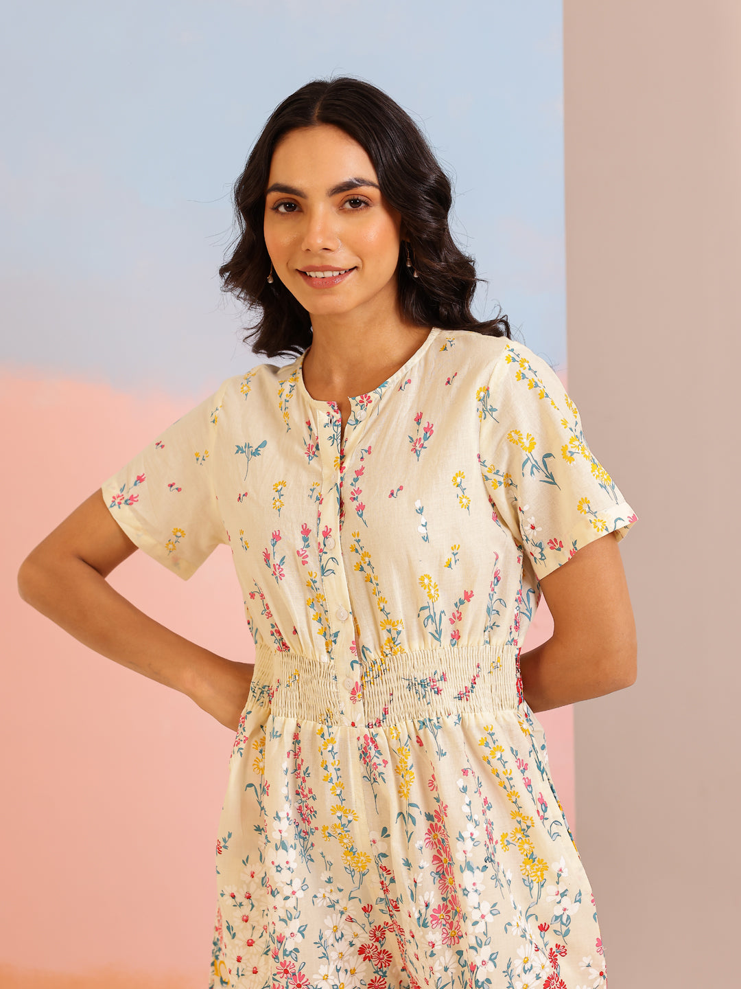 Cream Cotton V-Neck Jump Suit for Women - SanskrutiHomes 