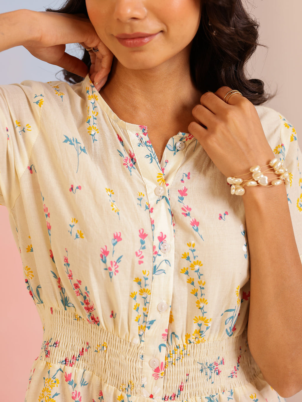 Cream Cotton V-Neck Jump Suit for Women - SanskrutiHomes 