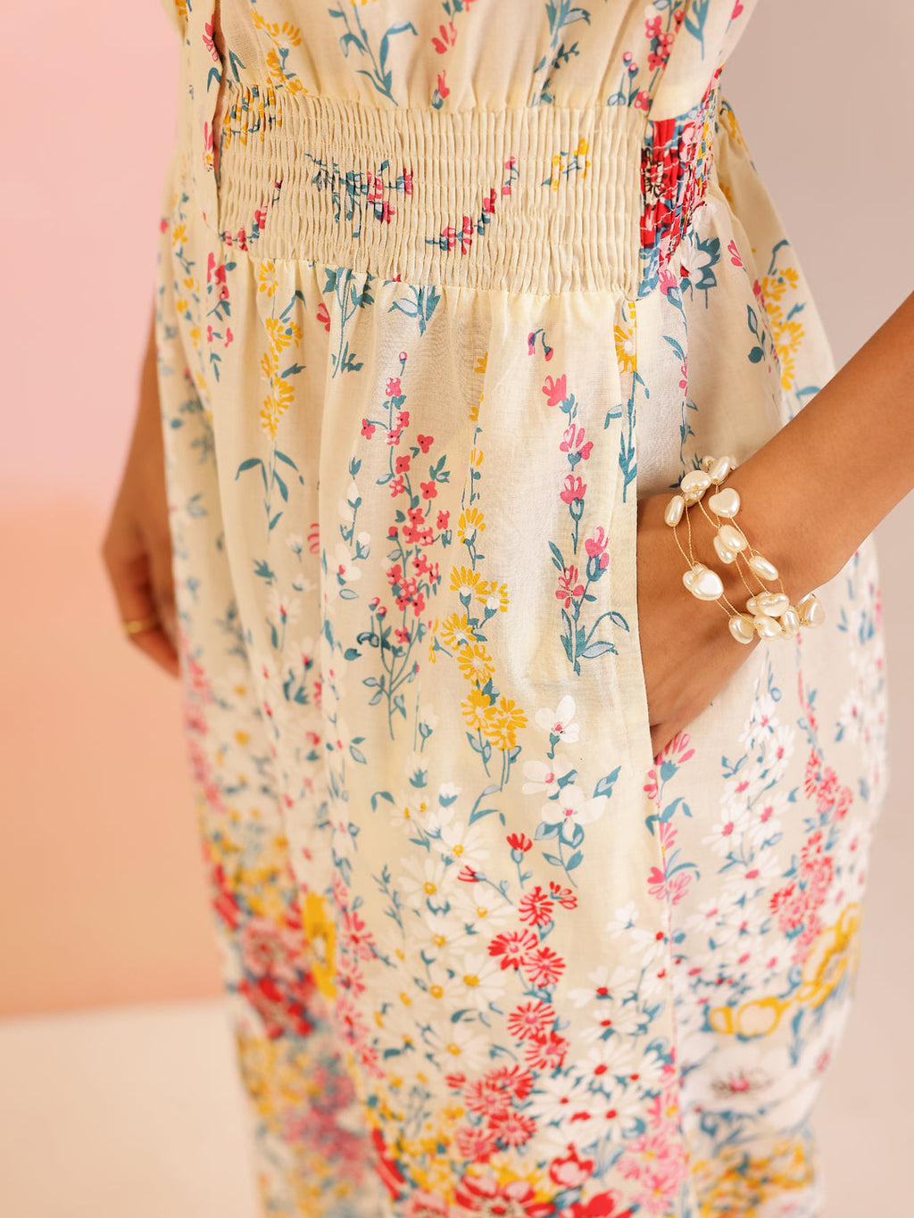 Cream Cotton V-Neck Jump Suit for Women - SanskrutiHomes 