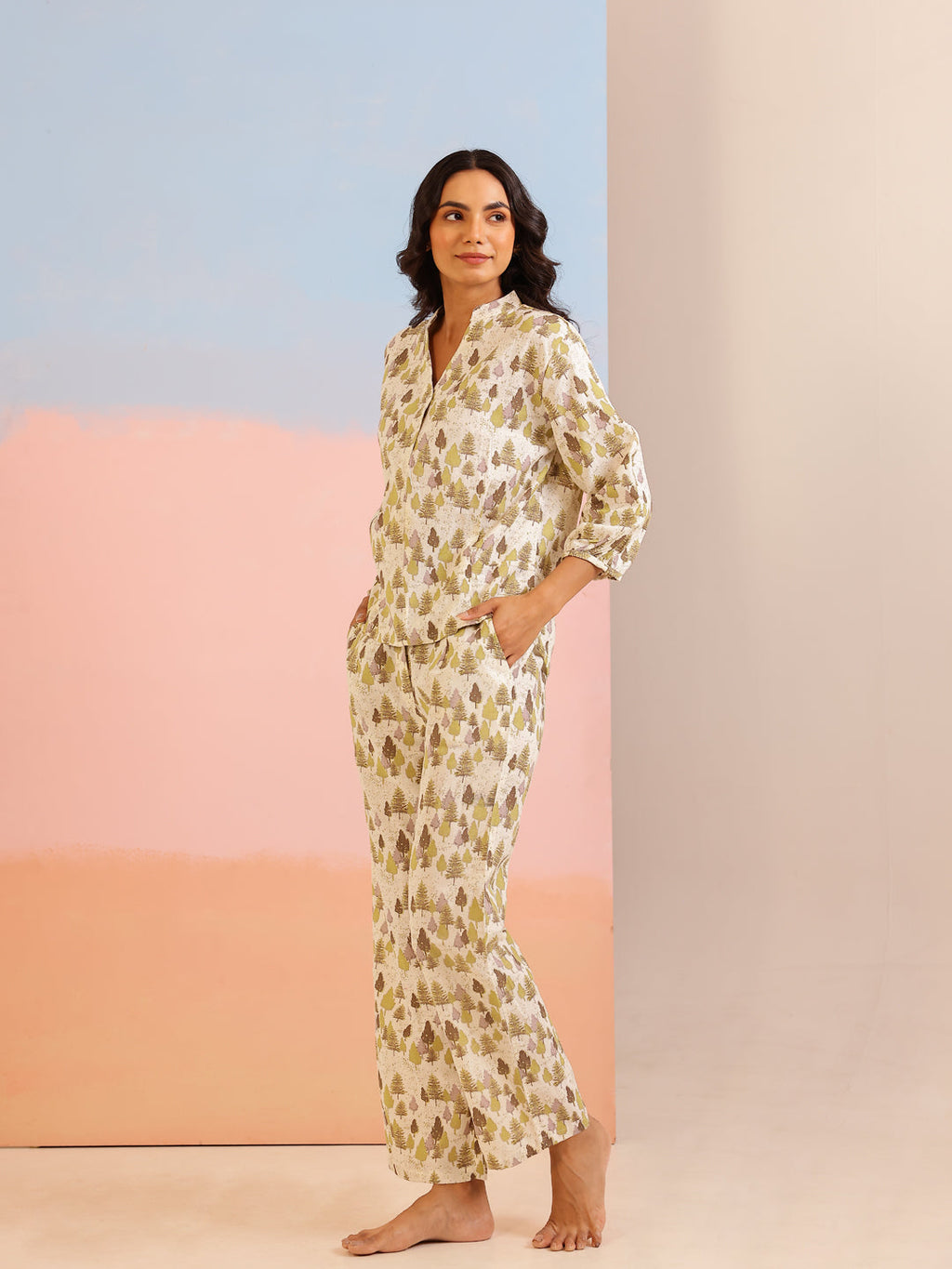 Cream Color Tropical Printed Pure Cotton Night Suit - SanskrutiHomes 