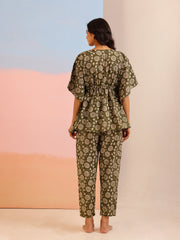 Green Floral Print V-Neck Pure Cotton Kaftan Night Suit For Women