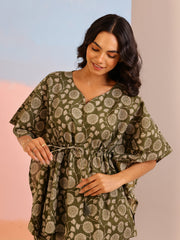 Green Floral Print V-Neck Pure Cotton Kaftan Night Suit For Women
