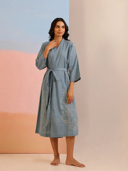 Sea Green Color Cotton Bath Robe For Women