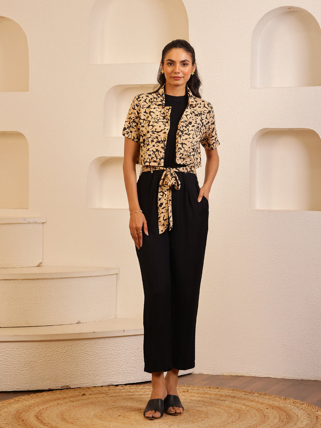 Black Viscose Rayon Round Neck Jump Suit for Women - SanskrutiHomes 