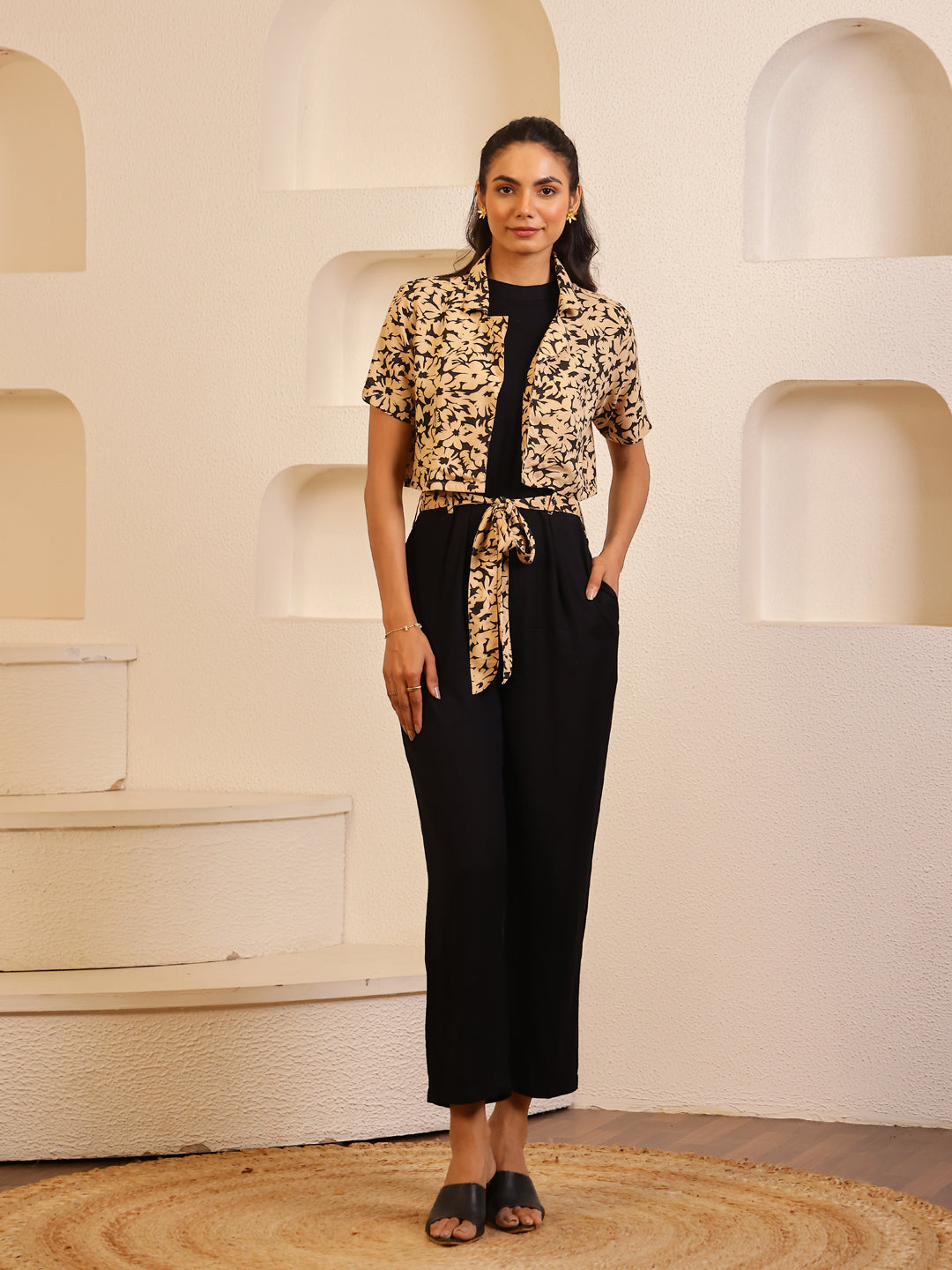 Black Viscose Rayon Round Neck Jump Suit for Women - SanskrutiHomes 