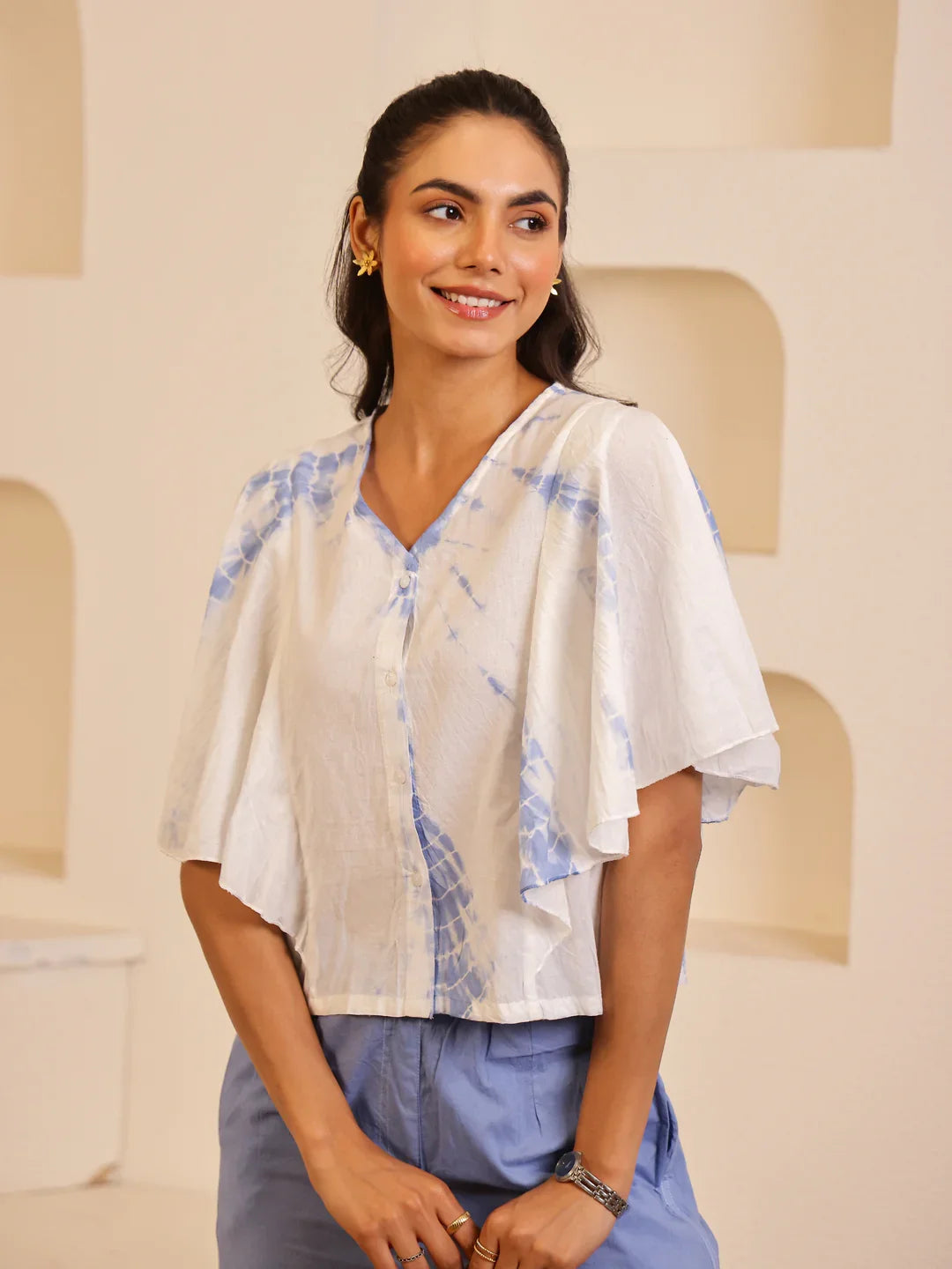 Blue Color Tie and Dye Colourblocked Pure Cotton Night Suit - SanskrutiHomes 