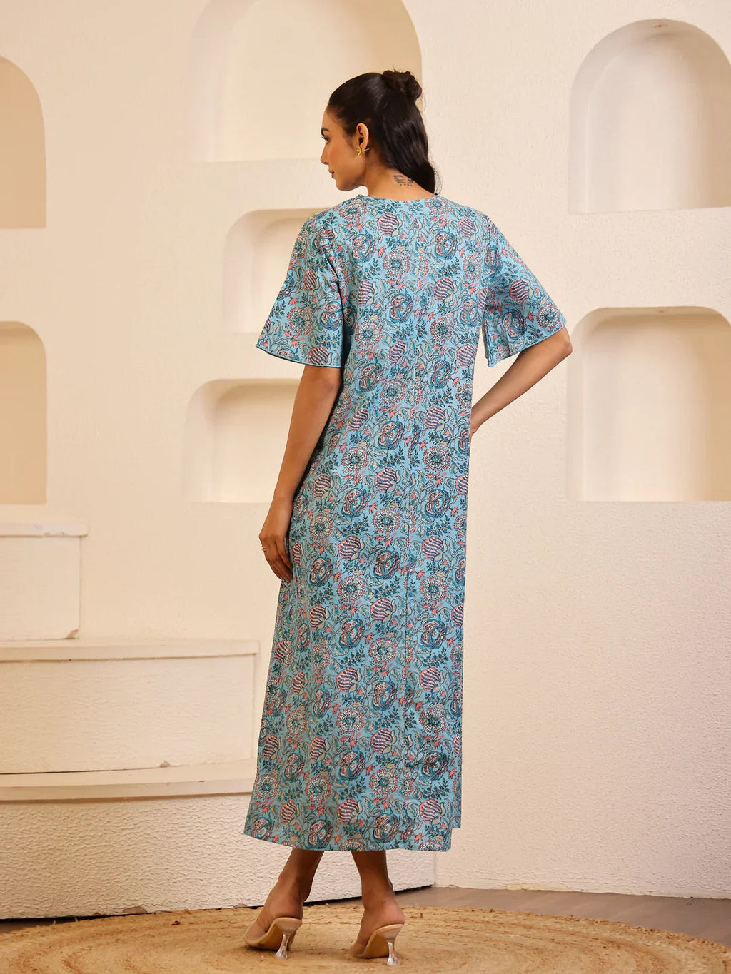 Blue Floral Printed Cotton Night Dress for Women - SanskrutiHomes 