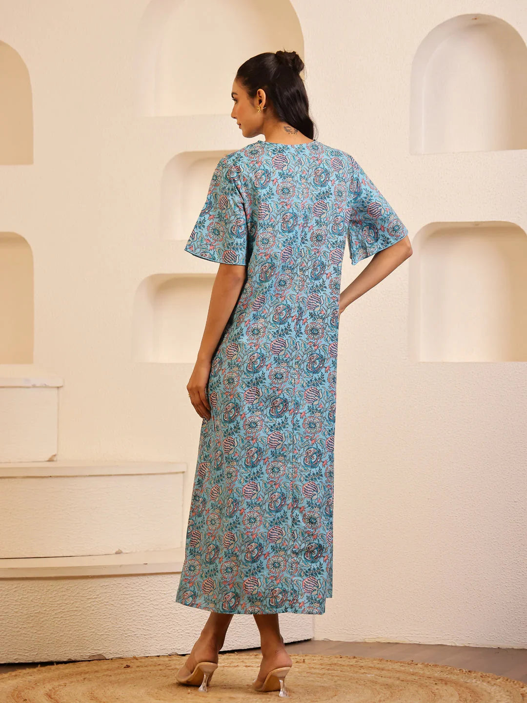 Blue Floral Printed Cotton Night Dress for Women - SanskrutiHomes 