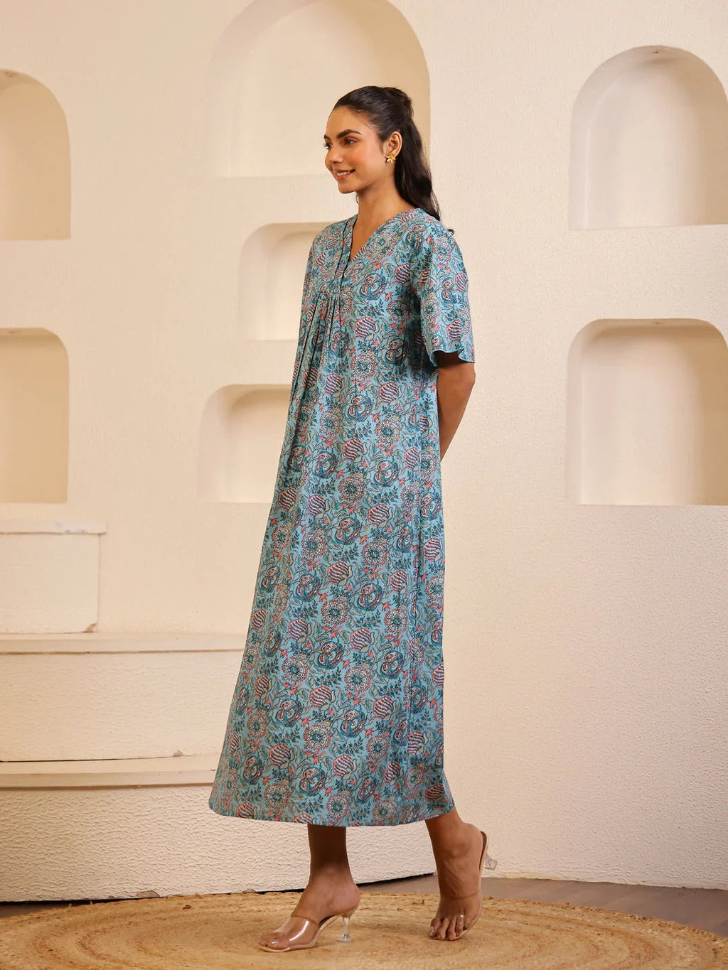 Blue Floral Printed Cotton Night Dress for Women - SanskrutiHomes 