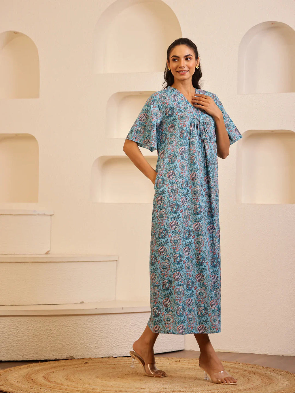 Blue Floral Printed Cotton Night Dress for Women - SanskrutiHomes 