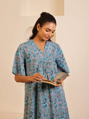 Blue Floral Printed Cotton Night Dress for Women - SanskrutiHomes 