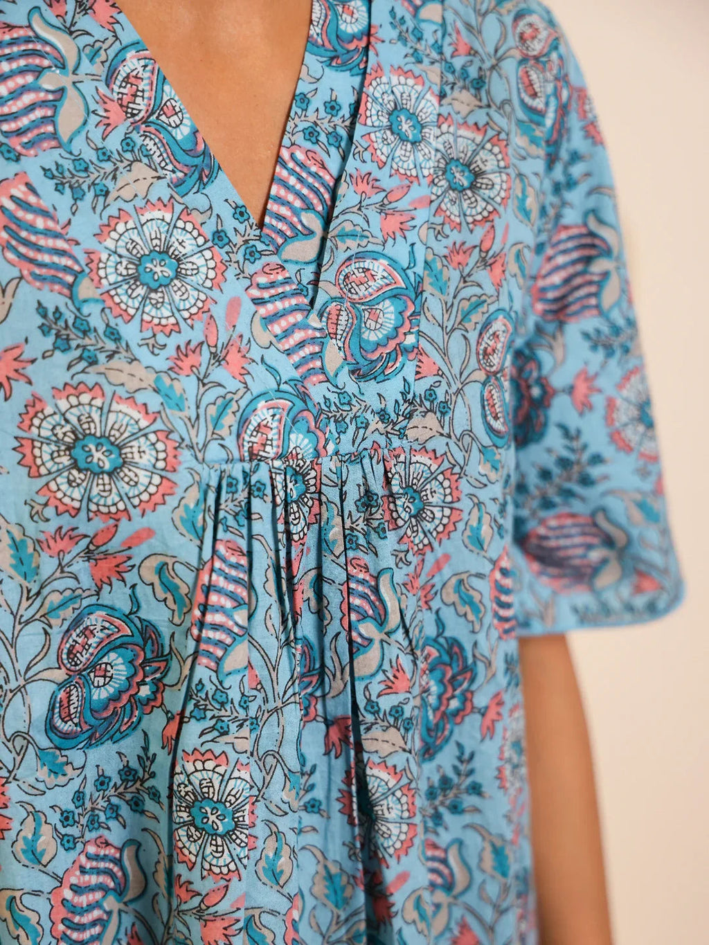 Blue Floral Printed Cotton Night Dress for Women - SanskrutiHomes 