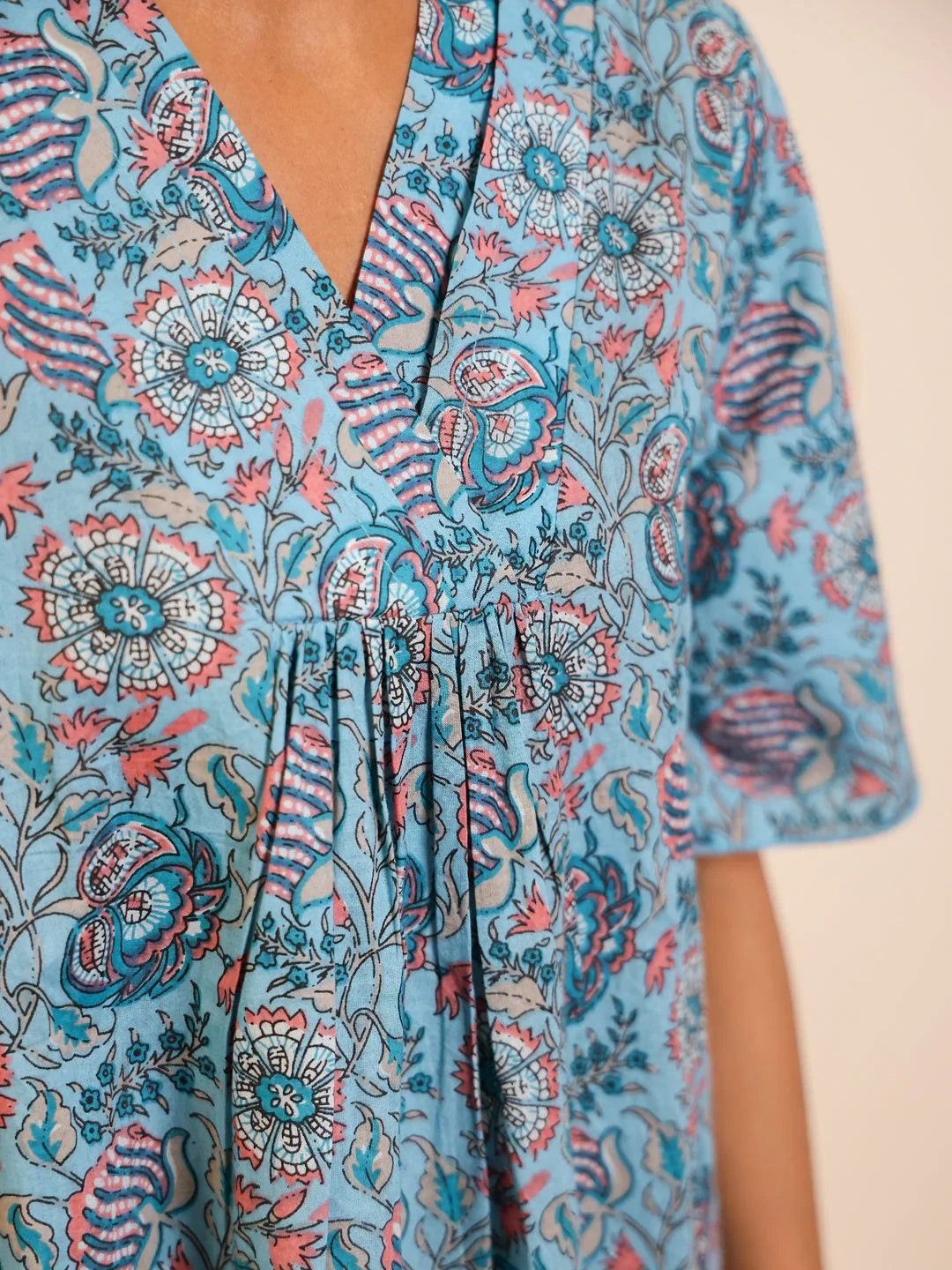 Blue Floral Printed Cotton Night Dress for Women - SanskrutiHomes 