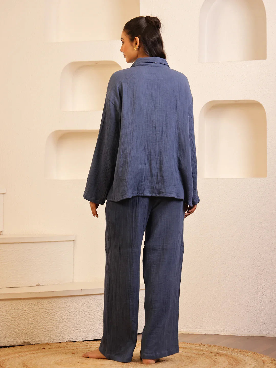 Navy Blue Lapel Collar Pure Cotton Solid Night Suit for Women - SanskrutiHomes 