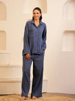 Navy Blue Lapel Collar Pure Cotton Solid Night Suit for Women - SanskrutiHomes 