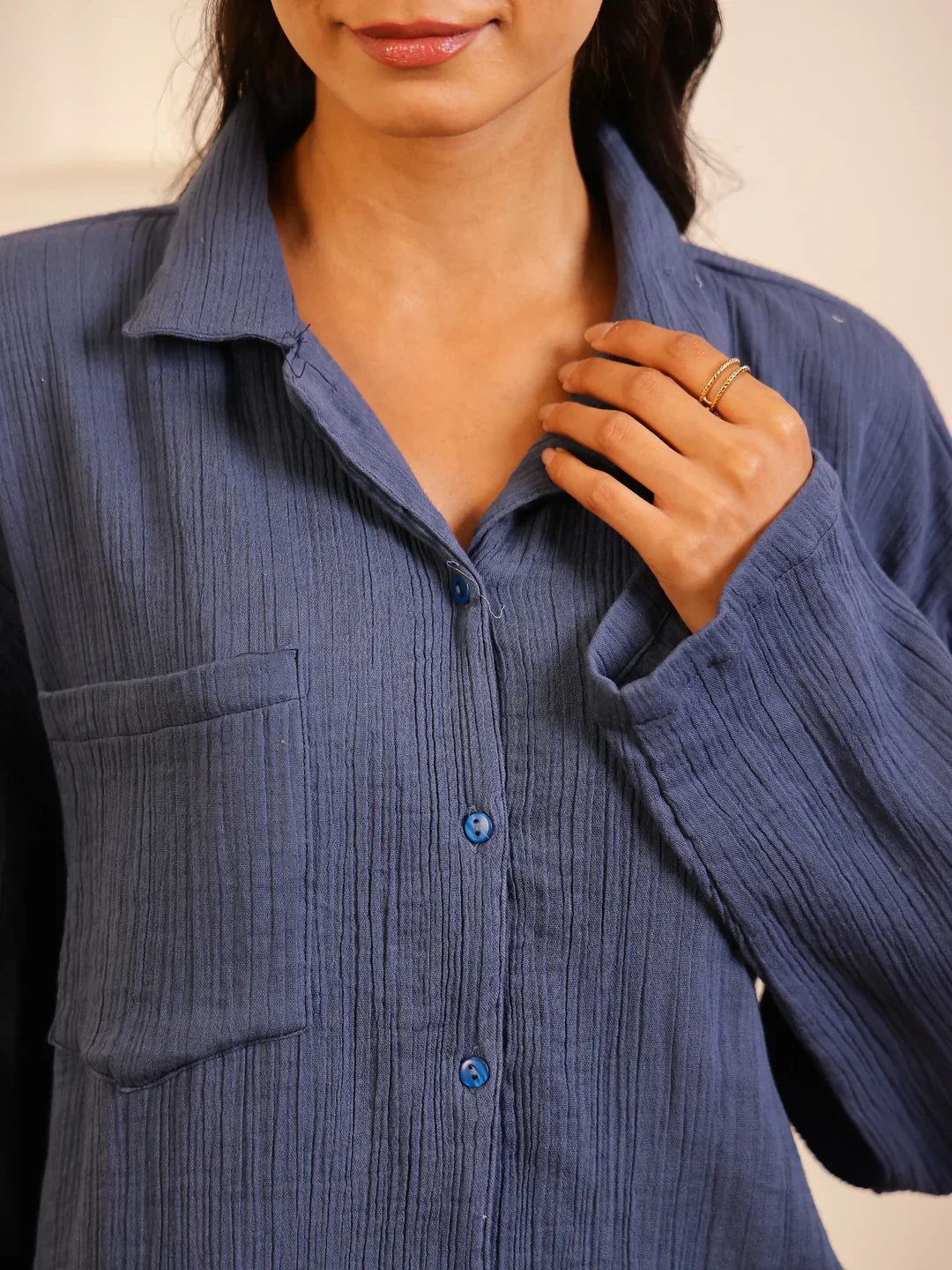 Navy Blue Lapel Collar Pure Cotton Solid Night Suit for Women - SanskrutiHomes 